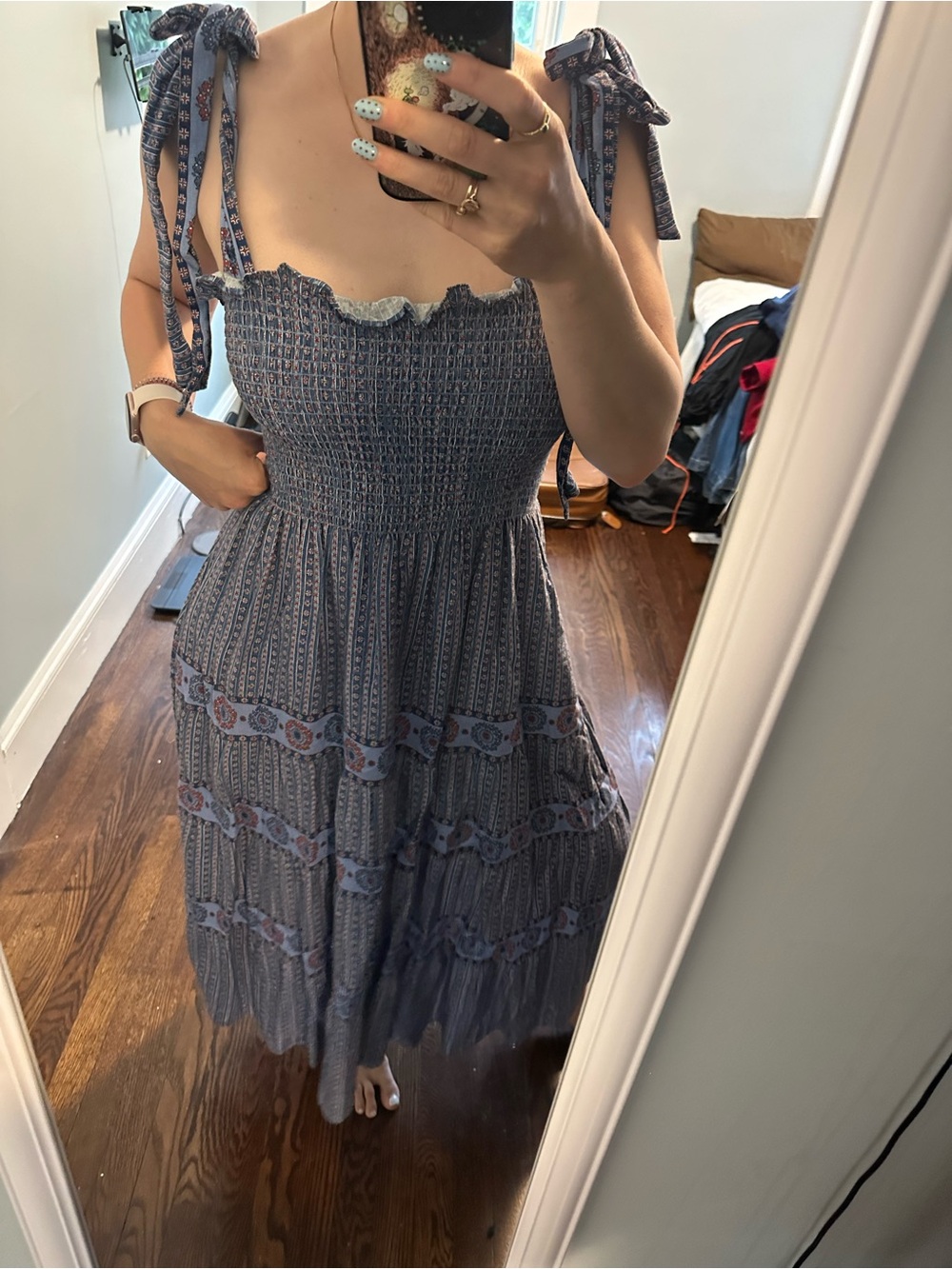 Hill House Blue Printed Smocked Midi Dress with Tie Straps